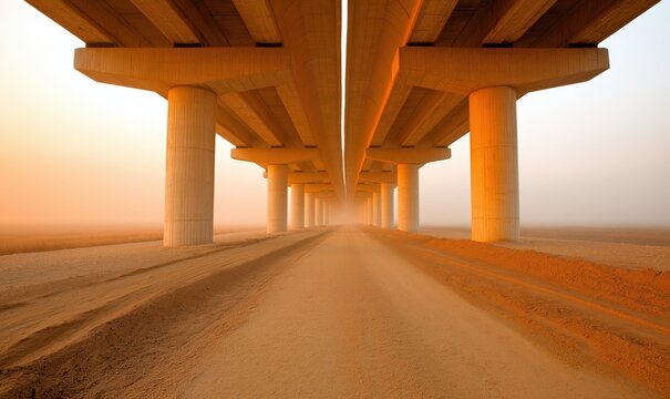 Massive concrete pillars rise above a sandy road at sunset, creating a serene and powerful view