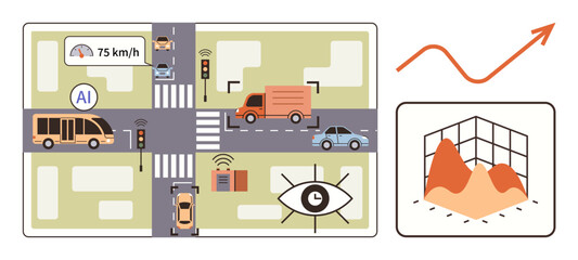AI monitoring traffic flow at an urban crossroads with buses, cars, sensors, and analytics graph. Ideal for smart city management, AI innovation, data analysis, transportation, efficiency IoT