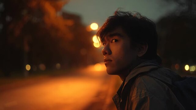 front view, in the style of cinematic, a young man, teen around 18 years old, film still, asian