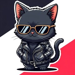 A fashionable cartoon black cat with sunglasses and a leather jacket, radiating a sense of confidence and style.