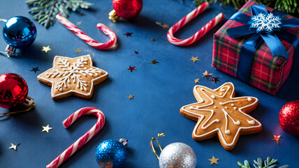 Festive christmas arrangement with star cookies, ornaments, candy canes and a wrapped gift on blue