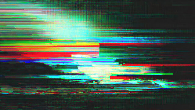 Abstract digital glitch art with vibrant horizontal lines and pixel artifacts, creating a dynamic, distorted visual effect and corrupted data aesthetic.