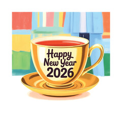 Festive Golden Teacup with 'Happy New Year 2026' Text on a Vibrant Abstract Background Illustration