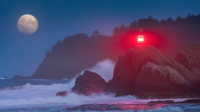 Red navigational light on stormy ocean rocks under a full moon