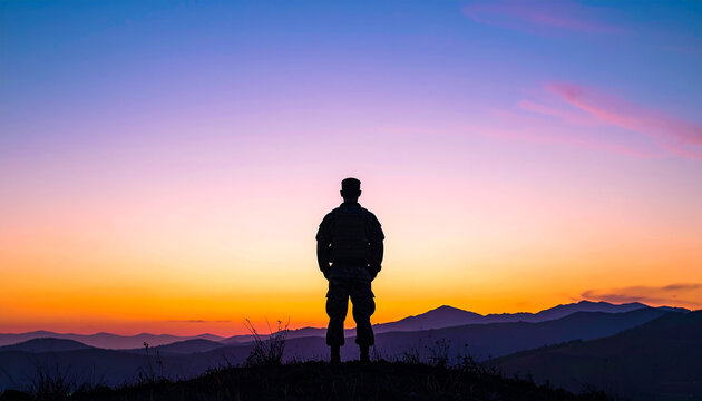 A lone soldier silhouette watching over a valley at dusk. Dramatic sunset sky symbolizing duty and loneliness