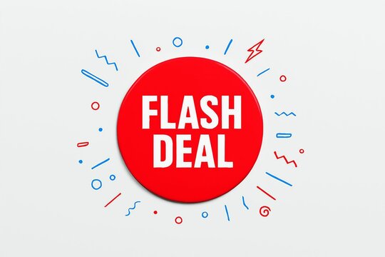 Bright red circle with the words flash deal in white text surrounded by colorful confetti and abstract shapes on a white background - Powered by Adobe