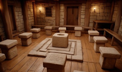 The interior features a stone circle with seating, designed to promote relaxation and meditation