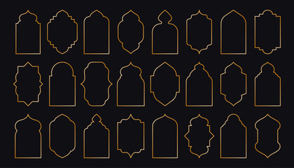 Golden arabic frames. Islamic windows doors, geometric oriental mosque arch architecture, ramadan kareem shiny frame muslim design, luxury oriental ornate borders. Vector set