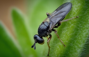 Fototapeta premium Intricate details of a black Simuliidae fly resting on a green leaf in a tranquil natural setting