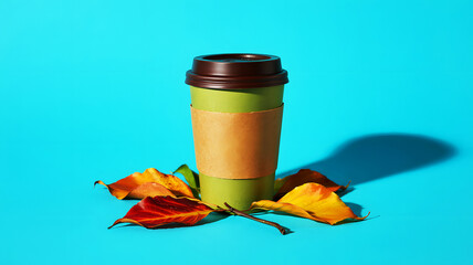 A green coffee cup with a brown lid and a tan sleeve surrounded by autumn leaves on a blue background