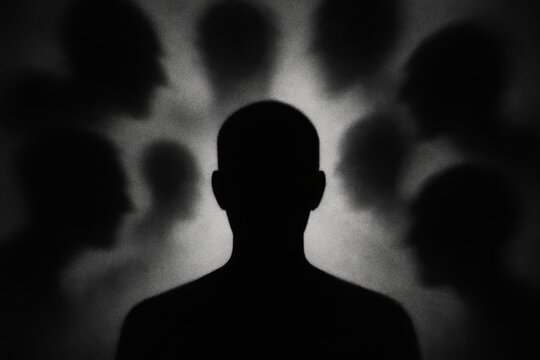 Dark conceptual image of a lone silhouette surrounded by shadowy faces, symbolizing anxiety, fear and social pressure.