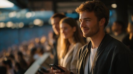 Security teams conducting safety checks at stadium entrances, using handheld scanners and digital crowd-flow monitoring systems — event security, crowd management, and modern stadium safety