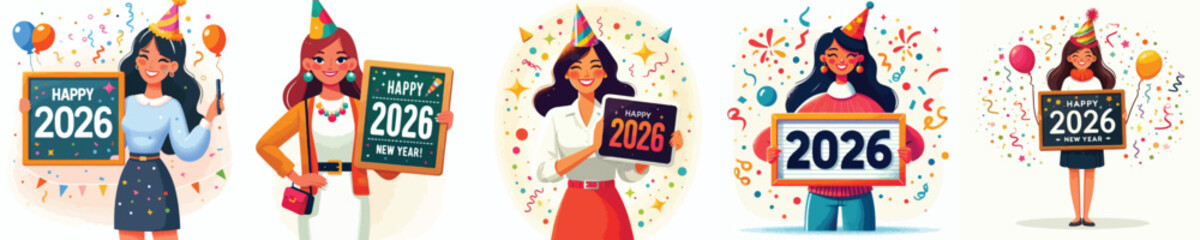 vector of a woman holding up a sign with the number "2026" written on it