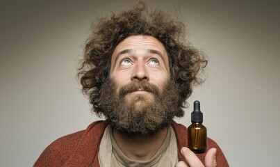 A mature man with a curly beard and warm smile holds a bottle of CBD oil, gazing thoughtfully
