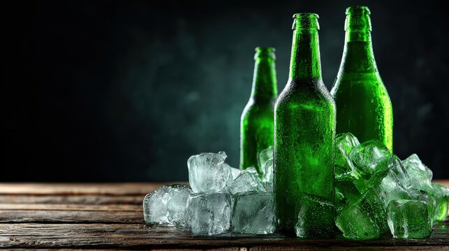 Chilled green bottles rest among melting ice cubes upon a dark wooden surface
