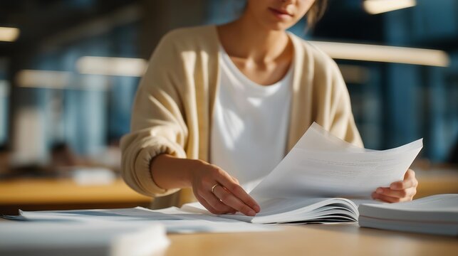 A student expanding the pages of a research binder across a library table, layering notes, printed articles, and diagrams into a fully developed project — academic growth, deep learning, and