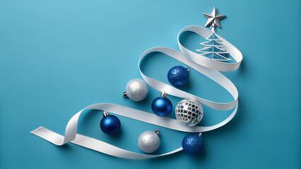 Mood of festive blue and silver decor featuring Christmas tree shape, ribbon and glitter on a deep blue backdrop, capturing Christmas vibe and New Year celebration and warm greeting for the season