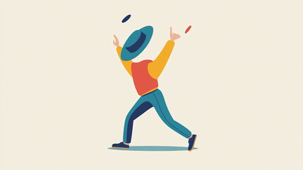 Comic character walking backward with an upside-down hat. Fun Opposite Day concept. Bright minimal background