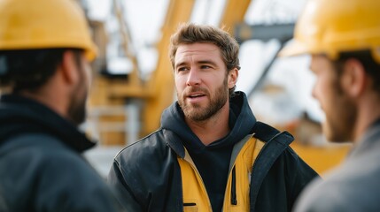 A construction crew receiving a pre-shift safety briefing, supervisor demonstrating proper helmet fit and fall-prevention harness usage before work begins — industrial safety training, risk