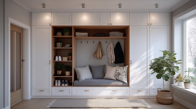 A space-efficient entryway featuring wall hooks, narrow shoe cabinets, and a floating bench with hidden storage &mdash; minimalist home design, organized entrances, and clutter-free micro-living.