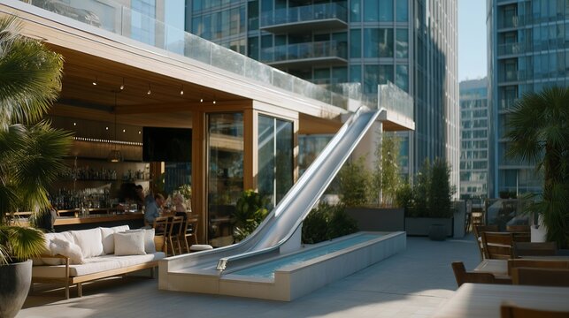 A rooftop bar featuring a playful transparent slide that extends from the second floor to the outdoor terrace, guests watching in fascination — modern architecture, entertainment design, and unique
