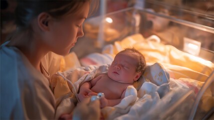A neonatal ultrasound check where a tiny infant lies in an incubator while a nurse holds a micro-probe designed for newborn monitoring — neonatal care, gentle imaging techniques, and specialized