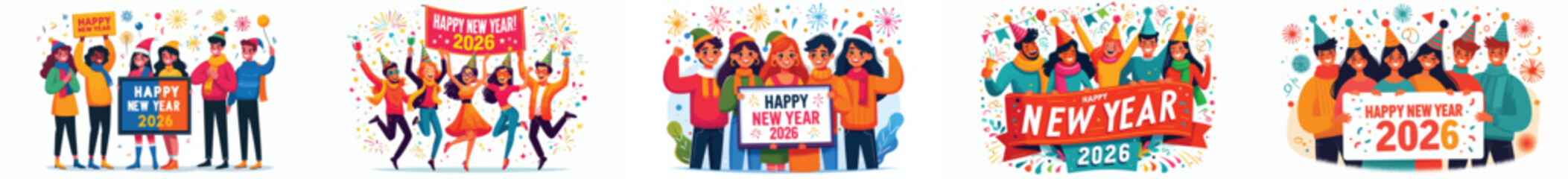 vector of young people saying happy new year 2026