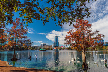 Beautiful view of Orlando skyline in lake eola, Orlando Florida.