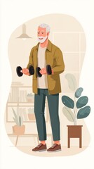 Elderly Man Exercising with Dumbbells at Home Illustration fitness lifestyle elderly man dumbbells exercise fitness