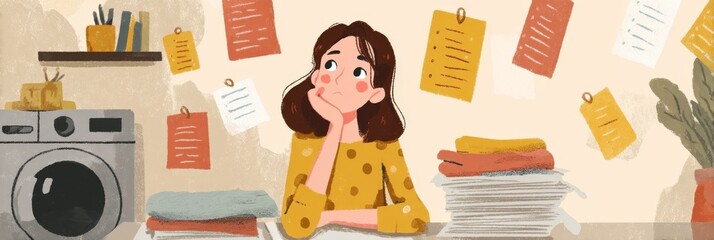 Illustration of a woman contemplating household chores and tasks
