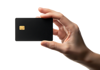 Hand holding sleek black credit card with chip, secure payment isolated on transparent background