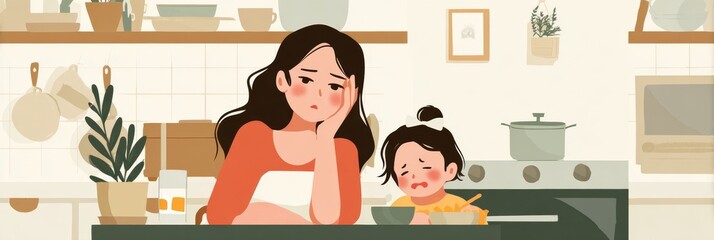 Illustration of a stressed mother and upset child in kitchen