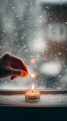 Hand Lighting Candle on Snowy Window Sill During Winter winter cozy hand candle lighting snow window
