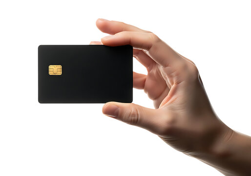 Hand holding sleek black credit card with chip, secure payment isolated on transparent background