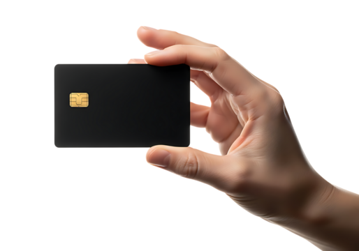 Hand holding sleek black credit card with chip, secure payment isolated on transparent background