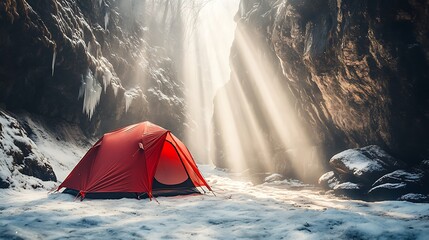 Red tent glows with sunbeams in snowy canyon, perfect for adventure travel ads or outdoor gear campaigns, showcasing peaceful winter camping escapes