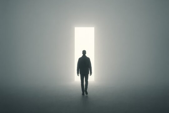 Lone man walking through fog toward a glowing doorway, symbolizing hope, new beginnings and stepping into the unknown.