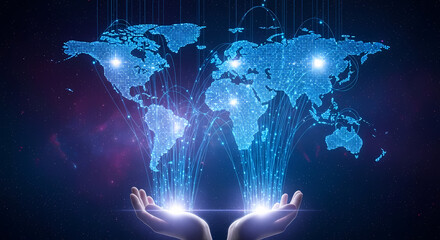 World map hologram above hands, representing global connection and technology