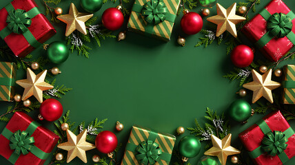 Festive christmas arrangement with gifts ornaments and stars on a green background for holiday cheer
