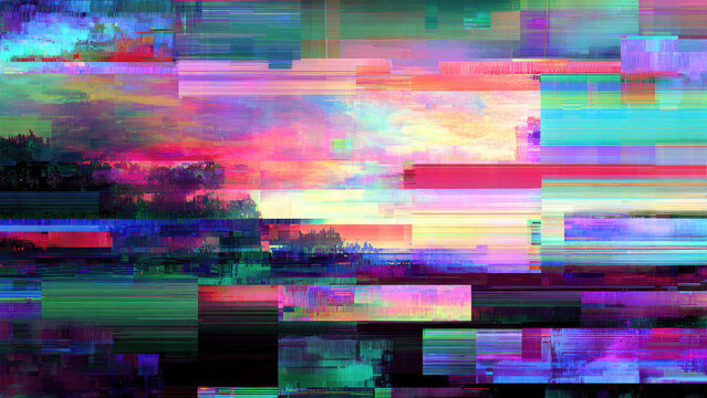 Vibrant, glitched landscape painting with a distorted sunset sky and fragmented digital effects, creating a colorful, abstract, and pixelated visual.