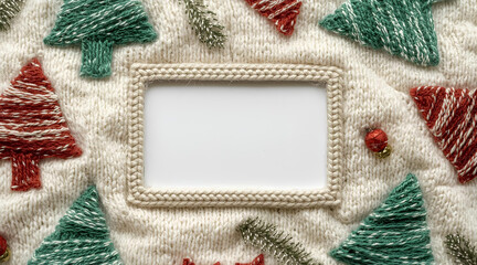 Detailed Knitted Christmas Card with Layered Yarn Ornaments and Silver Thread Highlights