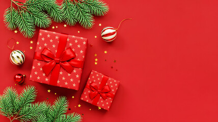 Festive christmas arrangement with gifts pine branches and ornaments on a vibrant red background