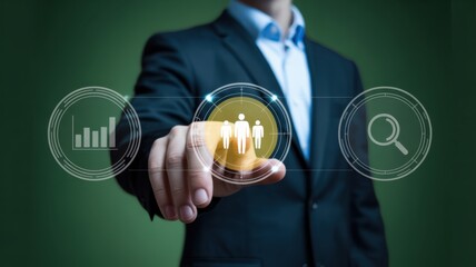 Businessman interacting with a futuristic interface showing human resources management and business analytics icons