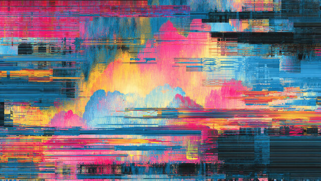 Energetic abstract digital artwork with vibrant horizontal streaks of blue, pink, yellow, and orange. Glitch effects and pixel sorting create a dynamic, modern composition.