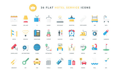 Breakfast food in restaurant and taxi transfer to airport, parking and facilities, bedroom furniture and room key. Hotel hospitality, reception trendy flat icons set vector illustration