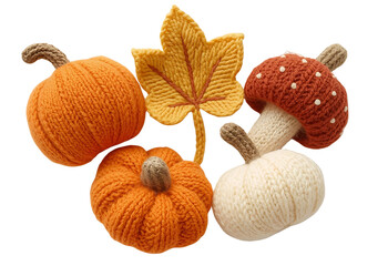 Knitted Autumn Elements: Pumpkin, Leaf, Mushroom, Wheat & Gourd on White Background – Wool Texture & Handcrafted Details