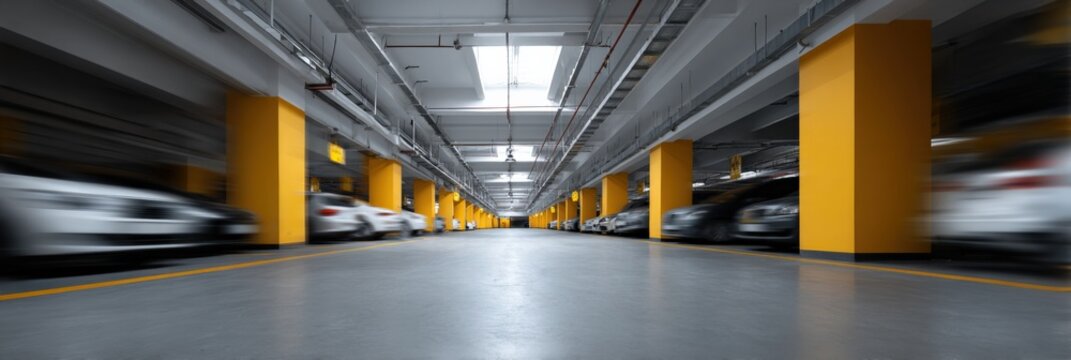 Modern underground parking garage with yellow pillars - Powered by Adobe