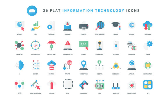 Data technology, information trendy flat icons set vector illustration. Digital protection and online network, 3d printing and modeling, smart home and interface symbols for mobile apps