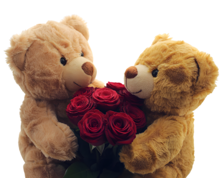 Two teddy bears holding red roses isolated on transparent background