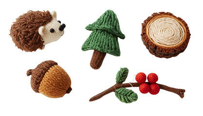 Knitted Woodland Set – Hedgehog, Fir Tree, Acorn, Log Slice, Berry Branch on White Background